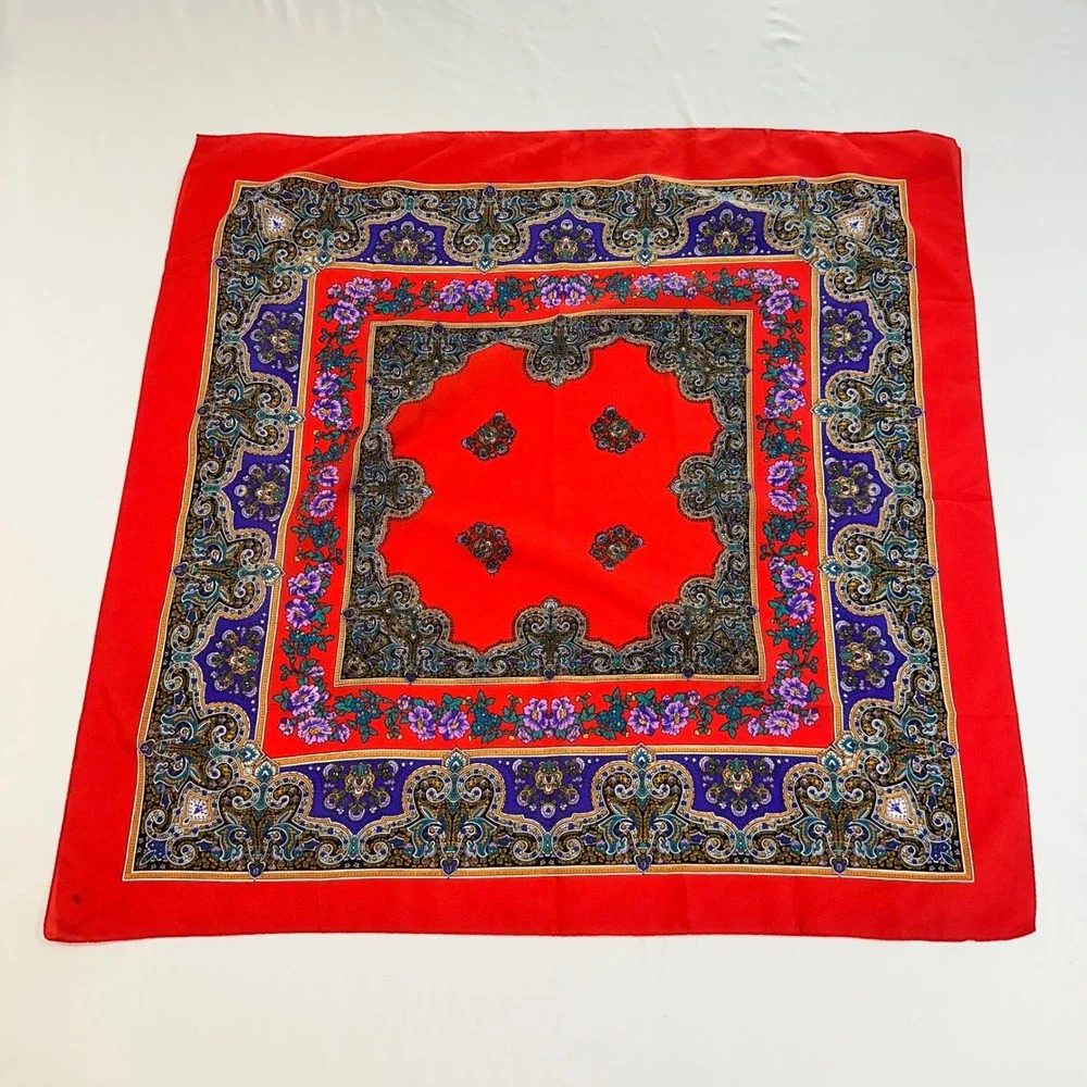Vintage Red Paisley Floral Square Scarf Large 30x30 Boho Neckerchief Headwrap